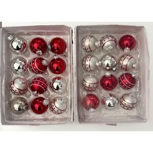Glass Round Christmas Hanging Bauble Ornaments Set of 24 Red Silver White Polka